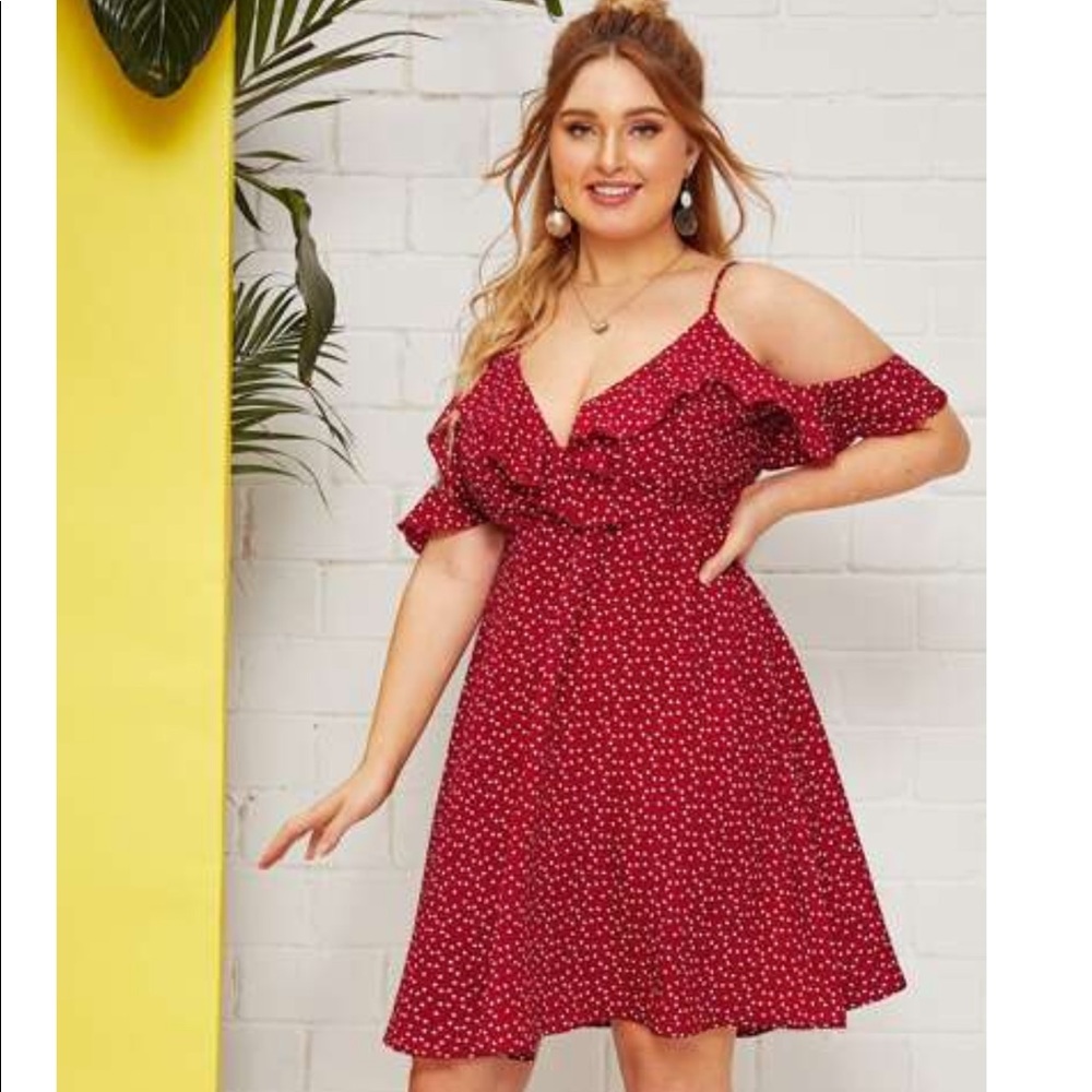 Ruffle Cold Shoulder Confetti Heart Print Dress
